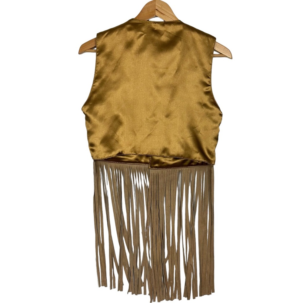 Genuine Leather Suede Boho Western Fringe Open Cropped Vest Tan Festival Rodeo - Picture 2 of 9